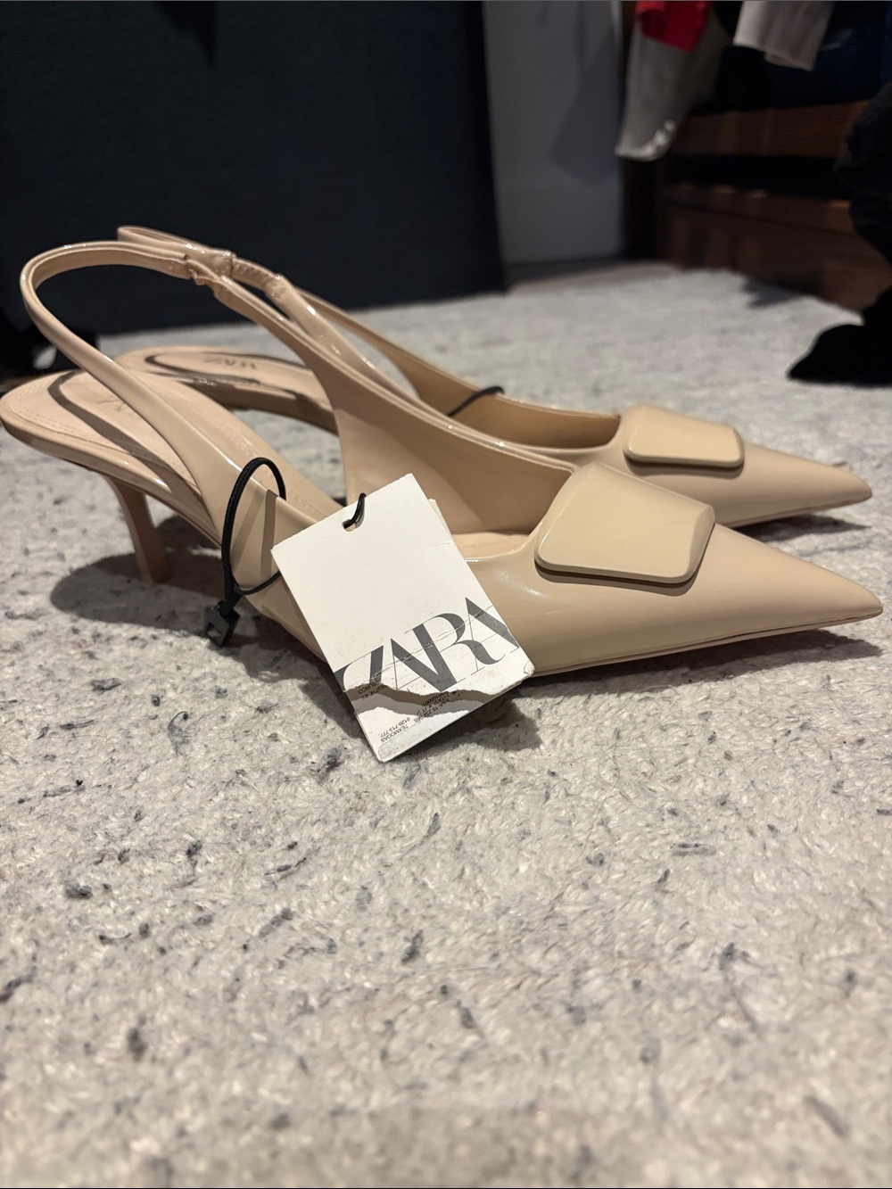 ZARA Nude Pointed Slingback Pumps with Square Accent